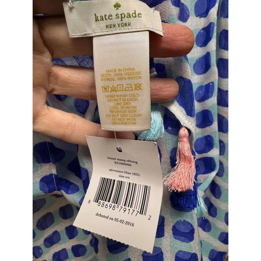 NWT - KATE SPADE Island Stamp Scarf, Blue/White/Pink/Turquoise, Tassels